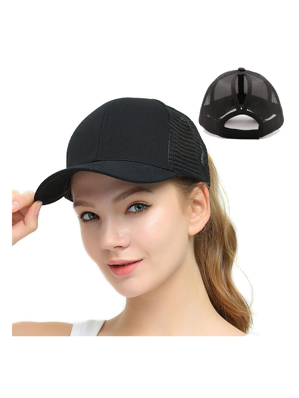 Womens High Ponytail Messy Bun Baseball Caps Distressed | Black Mesh | Size OS